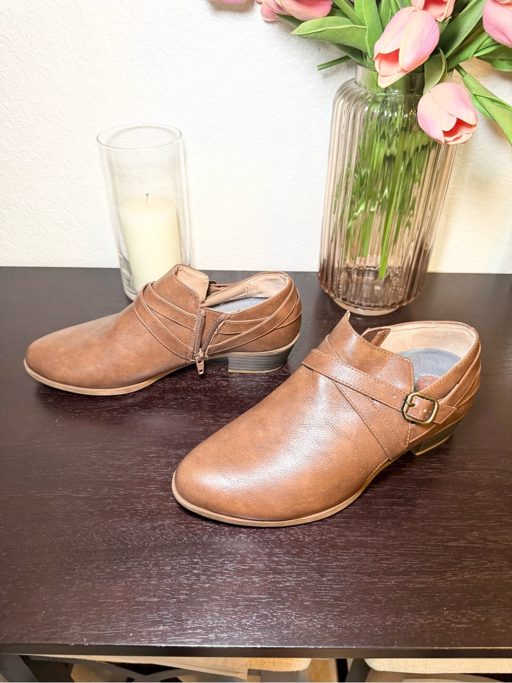 Women’s Brown Ankle Boots with Buckle. Size 9.5